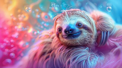 Fototapeta premium A cute baby sloth is smiling and looking at the camera. The image has a warm and friendly mood, and it's a great representation of the cuteness of these animals