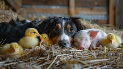 A dog is laying down next to a group of baby pigs. The scene is peaceful and heartwarming, as the dog and the piglets seem to be enjoying each other's company