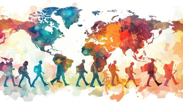 Group of people walking across world map