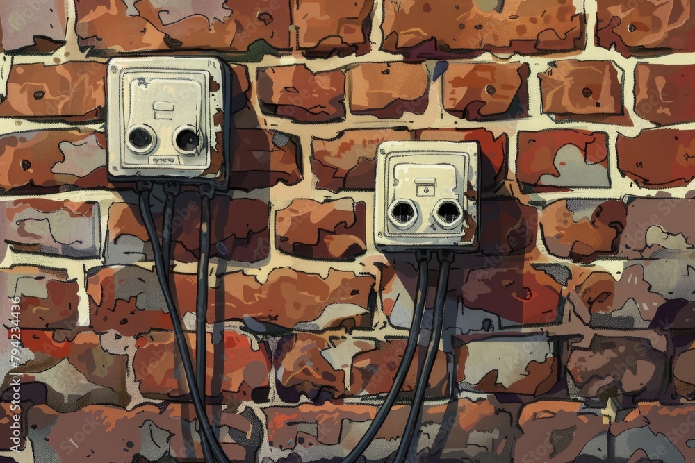 Poster an image showing a couple of electrical wires plugged into a brick wall. suitable for illustrating e
