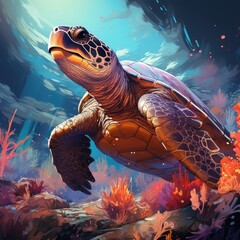 Sea turtle in the underwater world.