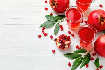 Fresh pomegranates with a glass of juice, perfect for health and wellness concepts