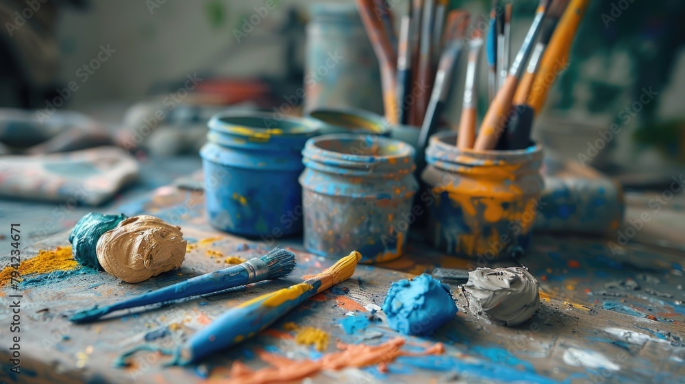 Poster Table with paint brushes and cans, ideal for artistic projects