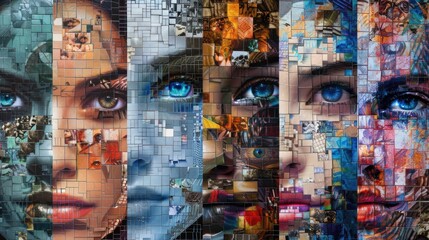 Close-up of a woman face with intricate designs mosaic collage