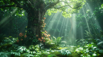  A lush, green forest with rays of sunlight piercing through the canopy and illuminating vibrant foliage. Created with Ai - obrazy, fototapety, plakaty