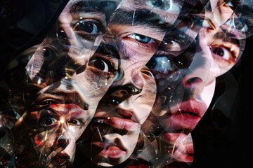 Close-up of a man's face in the shards of a mirror reflecting several faces