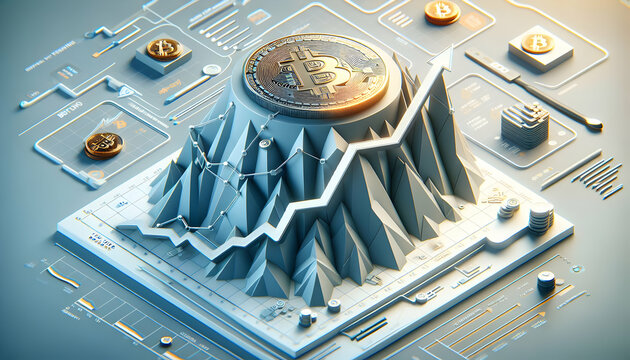Futuristic Crypto Climb: Bitcoin Ascending the Growth Mountain with Abstract Chart - Adobe Stock Photo Concept