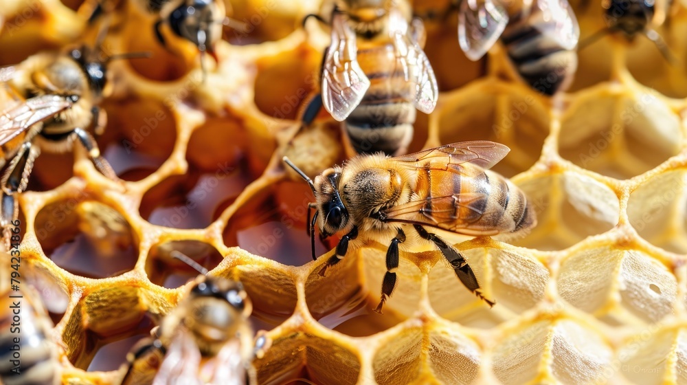 Poster worker bees apis mellifera constructing a wax honeycomb on a beehive frame with many cells left inco
