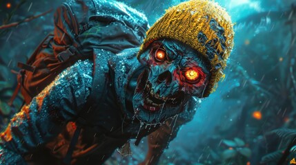 Zombie in a yellow hat walking through a forest - obrazy, fototapety, plakaty