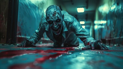 Scary zombie on the floor in a dark hall - obrazy, fototapety, plakaty