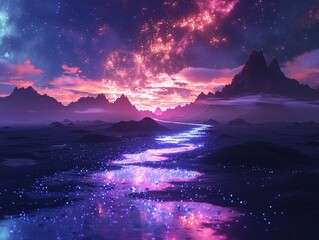 Picture a realm where neon colors paint the sky, casting a soft glow over the blackness of space, offering help and solace to those who find themselves lost in the cosmos 8K , high-resolution, ultra H