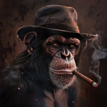 Monkey with Hat and Cigar Looks like a Gangster Boss.  Portrait of a Swaggering