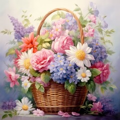 Fototapeta na wymiar Beautiful flowers of different varieties in a basket.