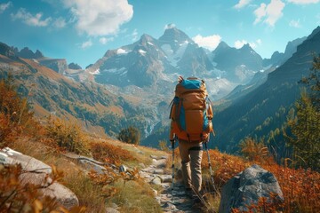 Minimalist hiking, lone backpack, mountain path, clear skies, peaceful journey - obrazy, fototapety, plakaty