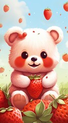 Cute cheerful fluffy bear with strawberries.
