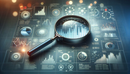 Financial Analytics in Detail: Magnifying Glass Revealing Key Metrics on Abstract Background - obrazy, fototapety, plakaty
