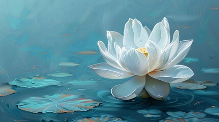 A white flower is floating on a body of water. The water is blue and the flower is the main focus of the image. Scene is calm and serene, as the flower floats peacefully on the water