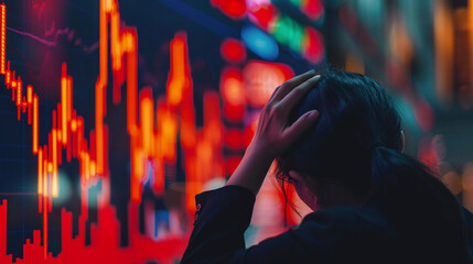 Man devastated by the fall of the financial market. Candles of the stock market, price falls. Loss of assets in equities stock. Decreasing trend showing unsuccessful performance losses crisis
