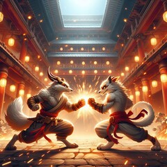Epic Duel of the Mystic Fox Warriors: A Stunning Display of Light and Shadow Amidst Ancient Architecture. - obrazy, fototapety, plakaty