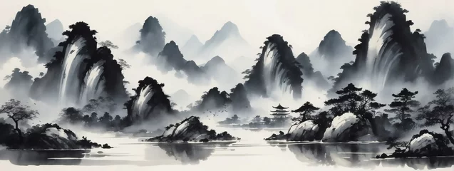 Raamstickers East Asian Ink and Water Landscape Illustration © xKas