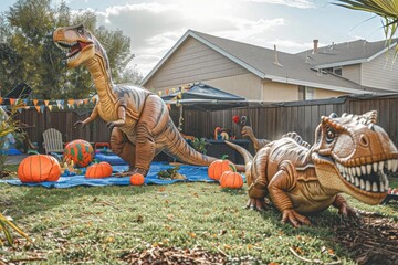 Backyard transformed into a dinosaur land, prehistoric play, young explorers, Jurassic imagination