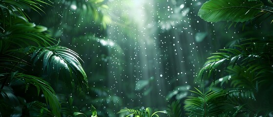 Lush Rainforest Scene with Rich Green Tones Post Heavy Rain. Concept Rainforest Photography, Greenery After Rain, Nature's Freshness, Vibrant Rainforest Colors - obrazy, fototapety, plakaty