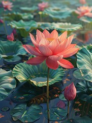 A vibrant pink lotus flower blooming in the garden, surrounded by lush green leaves and other water plants.