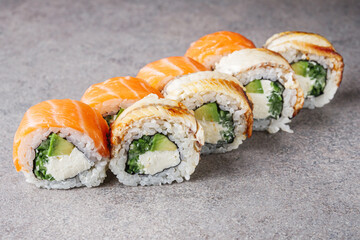 delicious fresh sushi roll philadelphia cheese with salmon eel cucumber and avocado