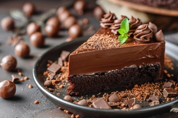 A delicious piece of chocolate cake on a plate. Perfect for food and dessert concepts