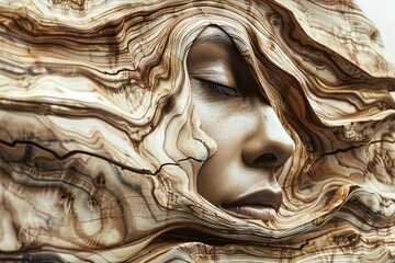 A detailed rendering of a woman's face intricately formed by the grain and natural textures of walnut wood.