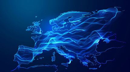 Digital map of Europe with dynamic lines and glowing nodes representing connectivity and data flow...