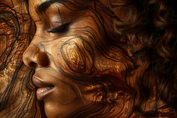 A striking visual of a woman's face, seamlessly integrated into the grain of walnut wood.