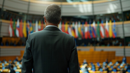 A man in a suit standing in front of an audience in a parliamentary setting, with various national flags in the background.