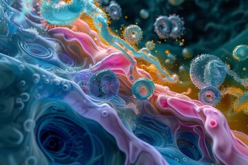 Microscopic view of the interaction between antibiotic and bacteria, a battle unseen by the naked eye - obrazy, fototapety, plakaty