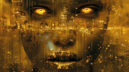 Double exposure. Close-up of a young girl's face and the lights of a big city. Gold and black tones.