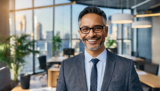 Portrait of a proud smiling confident middle aged hispanic businessman in office. Elegant, stylish, corporate leader, successful CEO executive manager 