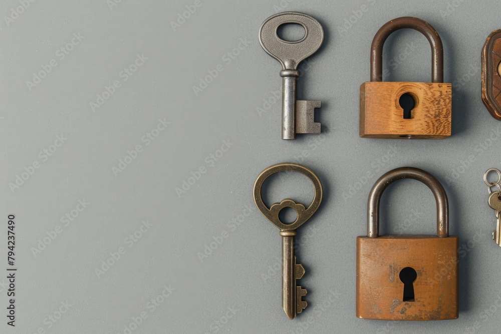 Poster a bunch of keys sitting on top of a table. ideal for home security or real estate concepts