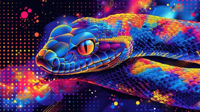 Psychedelic image of a snake in neon colors on a dark background Dangerous exotic reptile
