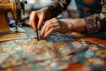 A woman working on a sewing machine. Suitable for fashion or crafting concepts - obrazy, fototapety, plakaty