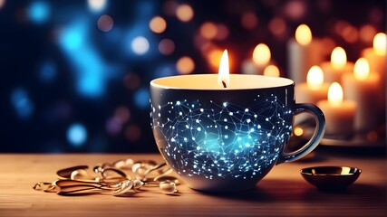 The beautiful cup design cup on table with technology backgrounds with candles - obrazy, fototapety, plakaty