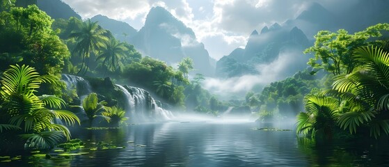 Tropical rainforest with lush rivers green trees and vibrant landscape scenery. Concept Tropical Rainforest, Lush Rivers, Green Trees, Vibrant Landscapes, Scenic Beauty - obrazy, fototapety, plakaty