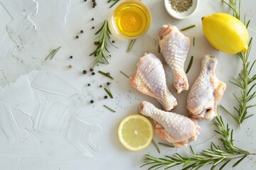A table topped with chicken legs and lemons. Suitable for food and cooking concepts