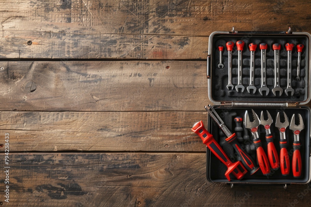 Poster a collection of tools in a toolbox on a wooden table. perfect for diy projects or construction theme