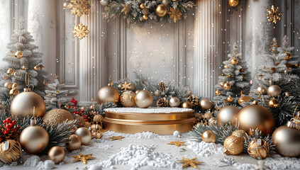 A photorealistic 3D rendering of an elegant podium in the center surrounded by Christmas decorations like pine cones and snowflakes. Created with Ai