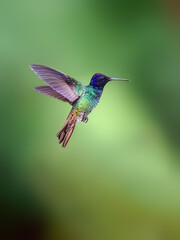 Golden-tailed Sapphire Hummingbird in flight on green background