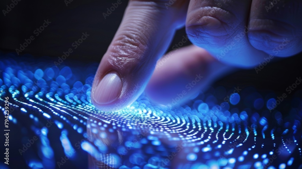 Poster a stateoftheart fingerprint scanner capturing and analyzing an individuals fingerprint patterns to v