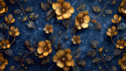 3d wallpaper, navy blue background with golden flowers and leaves. Created with Ai