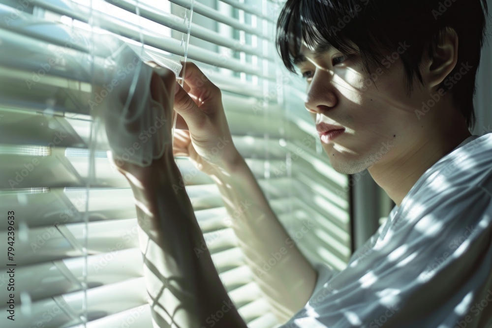 Poster woman holding a remote control in front of a window, suitable for technology concepts
