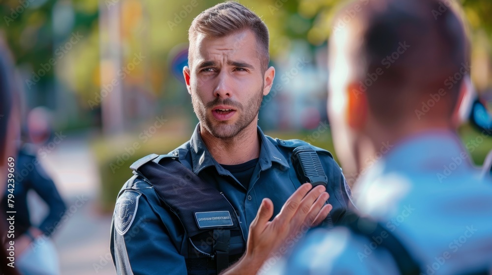 Poster a security officer is practicing nonverbal communication techniques to diffuse tense situations with