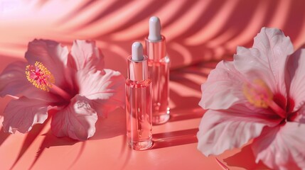 Close up of a bottle of perfume next to a flower, ideal for beauty and fragrance concepts